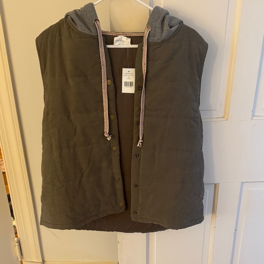 Olive Green Quilted Vest with Gray Hood